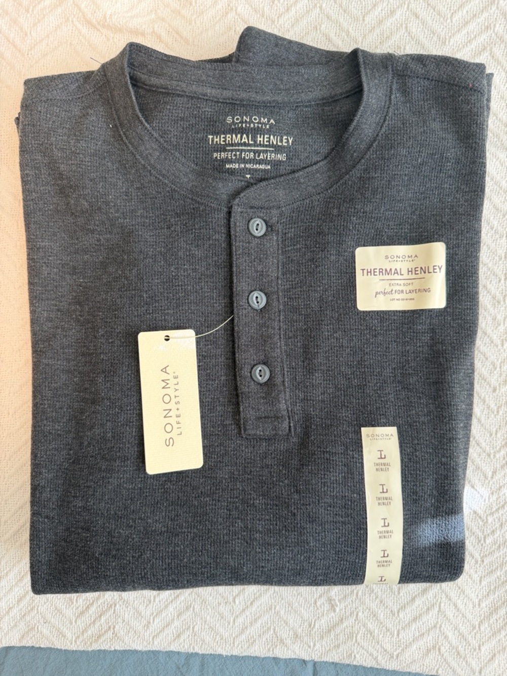 Sonoma Charcoal Gray Thermal Henley Long Sleeve Shirt